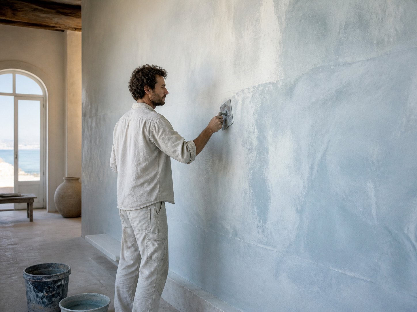 Artisan appliquant des couches de chaux bleue