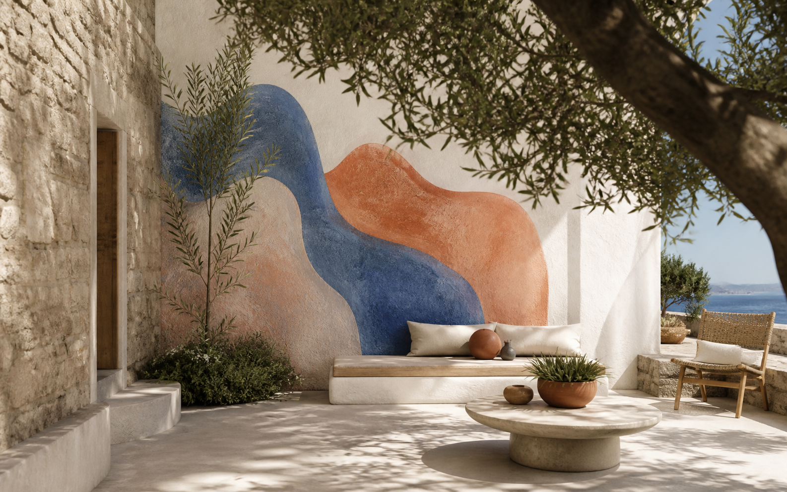 Cour marseillaise avec une fresque à la chaux