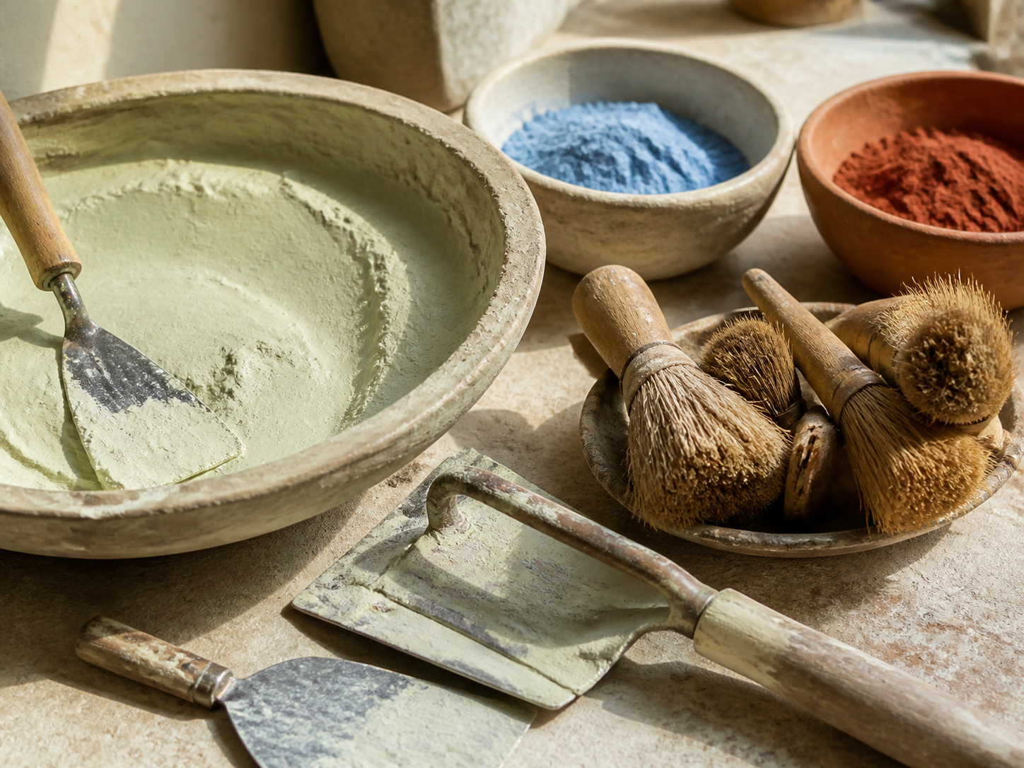 Outils et pigments pour la peinture à la chaux